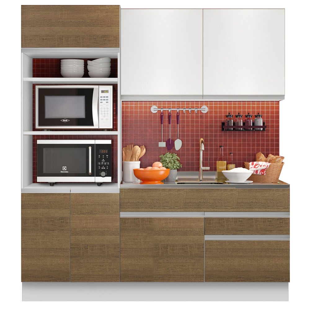 Armário de Cozinha Compacta 6 Portas 2 Gavetas (Sem Tampo e Pia) Branco/Rustic/Branco Lívia Madesa - Branco/Rustic/Branco