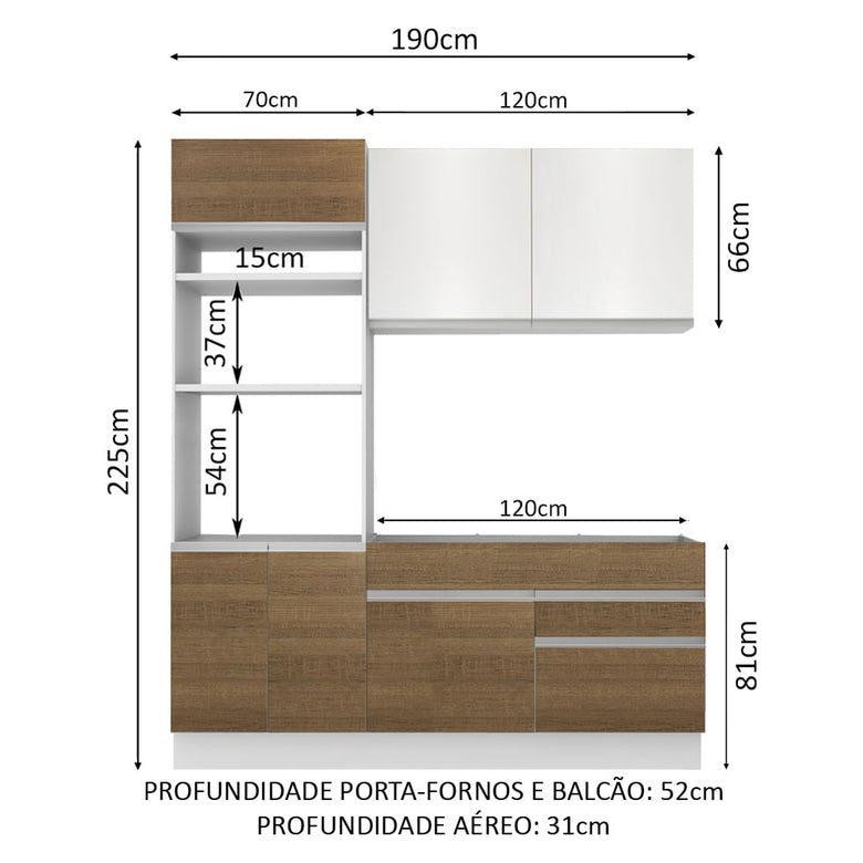 Armário de Cozinha Compacta 6 Portas 2 Gavetas (Sem Tampo e Pia) Branco/Rustic/Branco Lívia Madesa