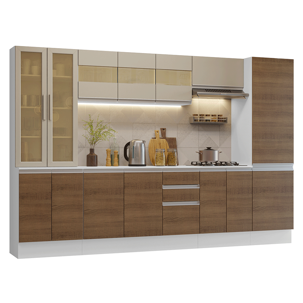 Armário de Cozinha Completa 100% MDF 290 cm Branco/Rustic/Crema Smart Madesa 01 - Branco/Rustic/Crema