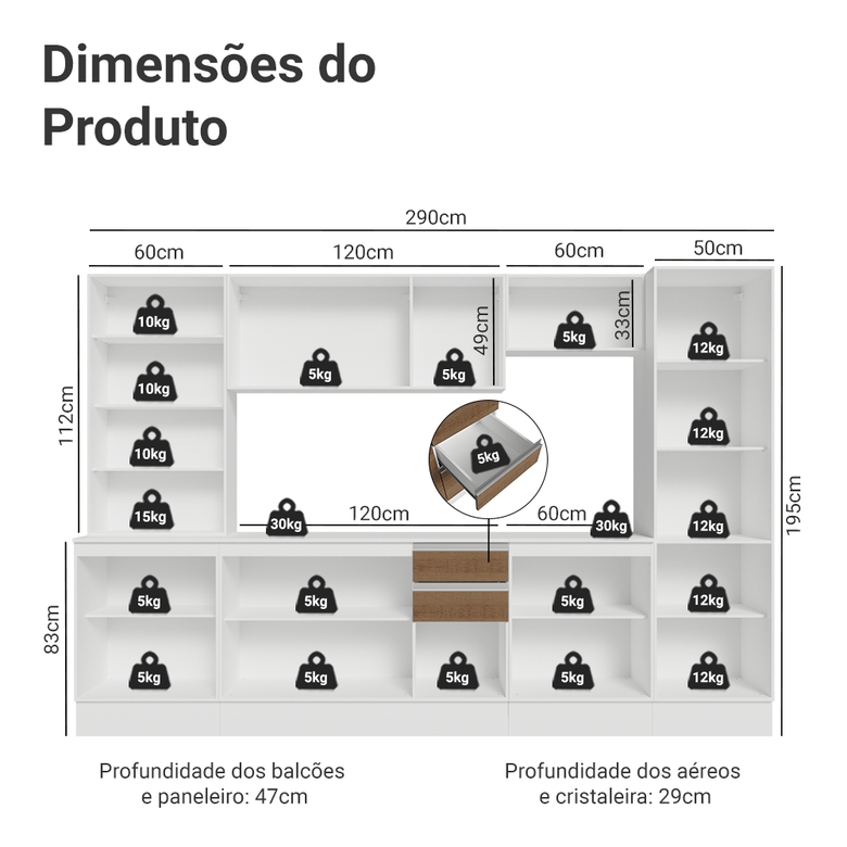 Armário de Cozinha Completa 100% MDF 290 cm Branco/Rustic/Crema Smart Madesa 01