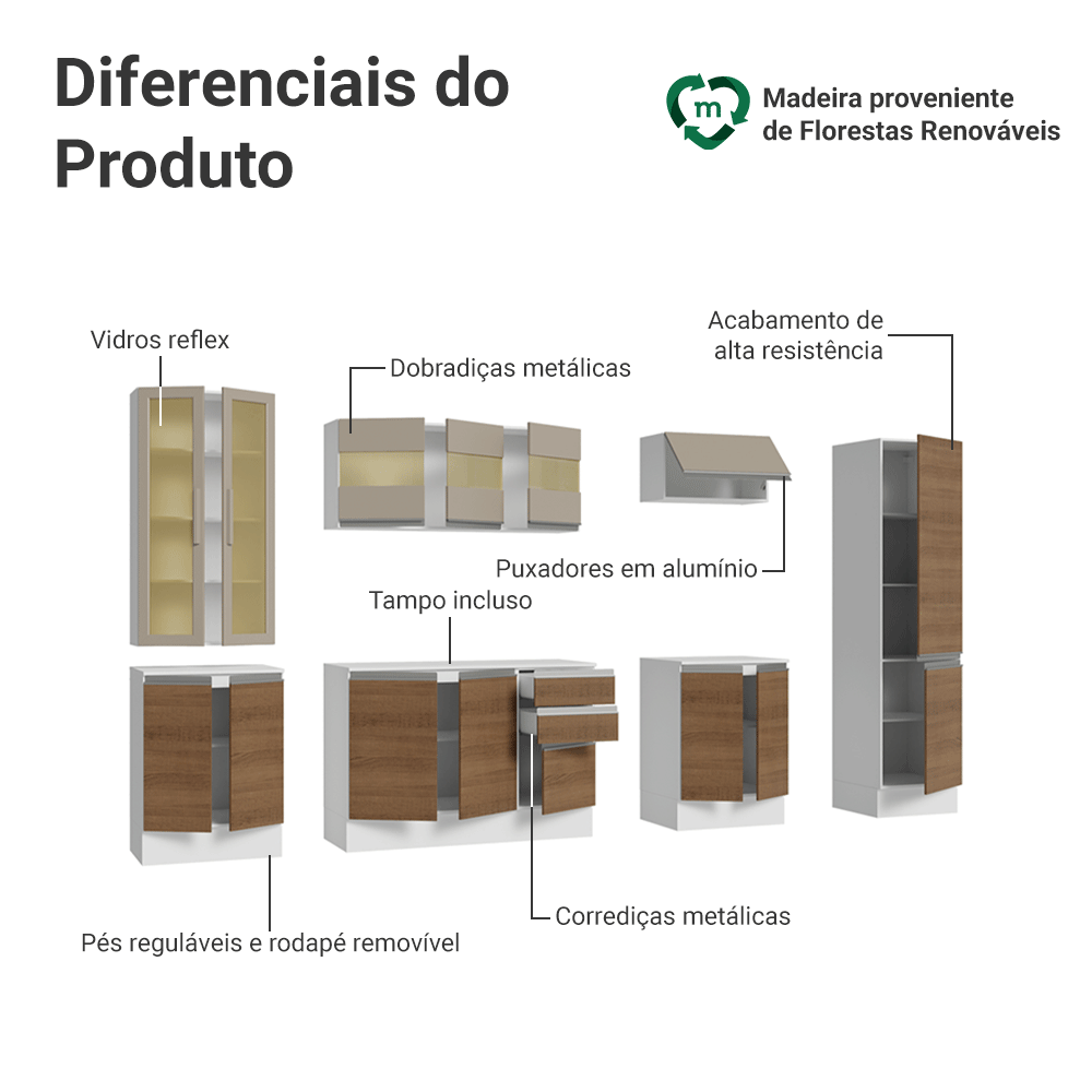 Armário de Cozinha Completa 100% MDF 290 cm Branco/Rustic/Crema Smart Madesa 01