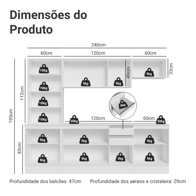 Armário de Cozinha Completa 100% MDF 240 cm Branco Smart Madesa 01