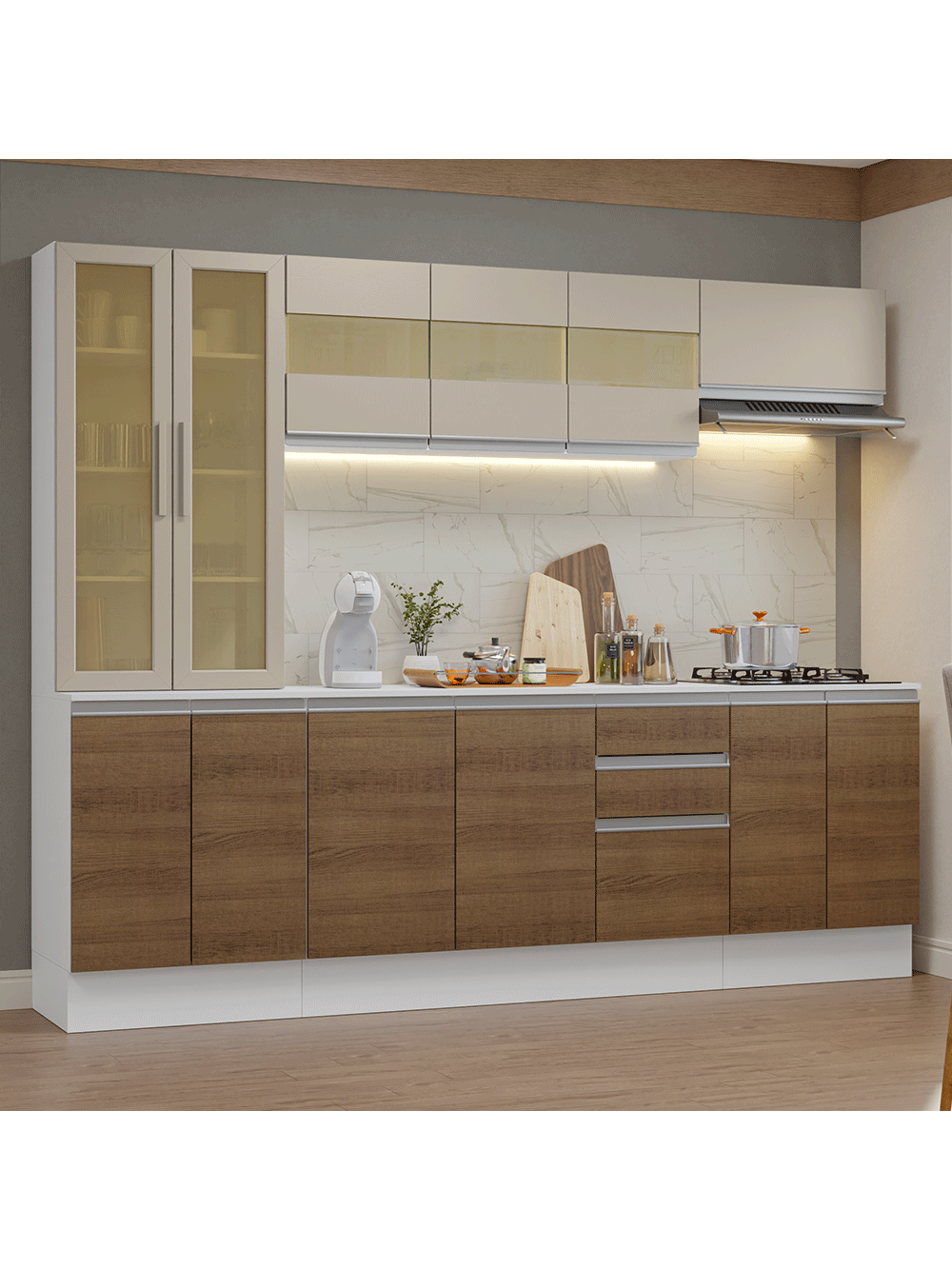 Armário de Cozinha Completa 100% MDF 240 cm Branco/Rustic/Crema Smart Madesa 01 - Branco/Rustic/Crema