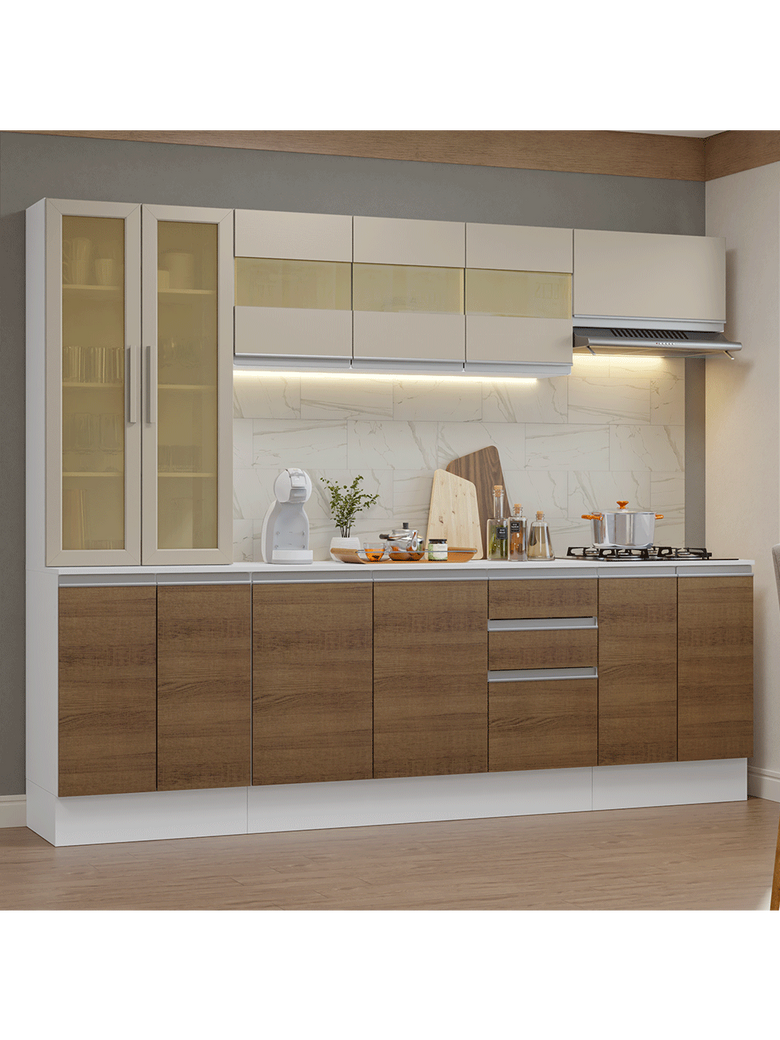 Armário de Cozinha Completa 100% MDF 240 cm Branco/Rustic/Crema Smart Madesa 01