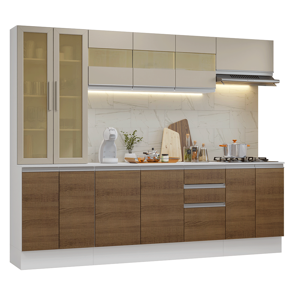 Armário de Cozinha Completa 100% MDF 240 cm Branco/Rustic/Crema Smart Madesa 01 - Branco/Rustic/Crema