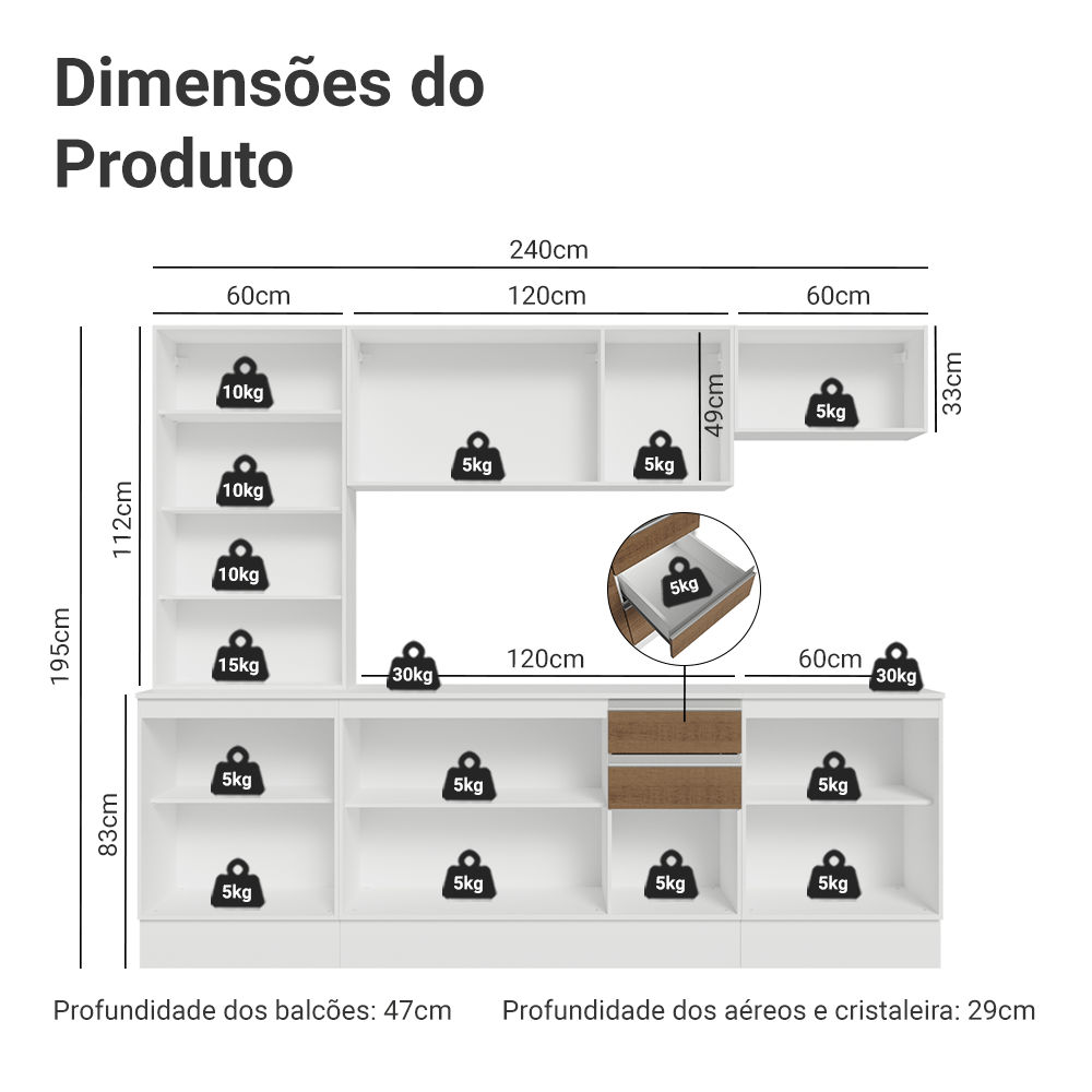Armário de Cozinha Completa 100% MDF 240 cm Branco/Rustic/Crema Smart Madesa 01