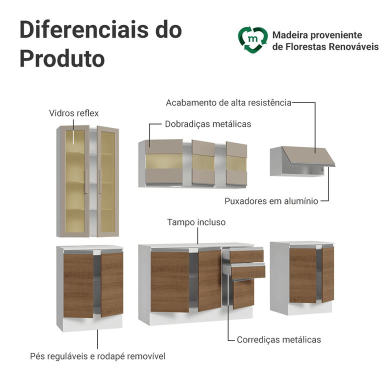 Armário de Cozinha Completa 100% MDF 240 cm Branco/Rustic/Crema Smart Madesa 01