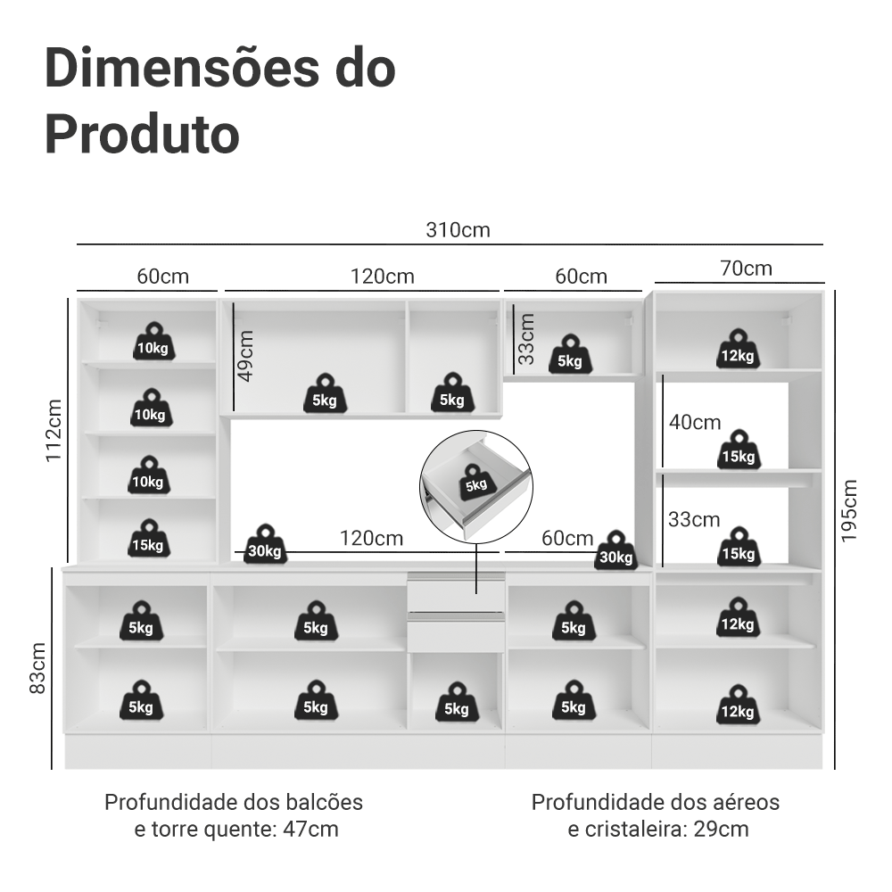 Armário de Cozinha Completa 100% MDF 310 cm Branco Smart Madesa 03