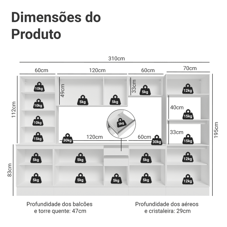 Armário de Cozinha Completa 100% MDF 310 cm Branco Smart Madesa 03