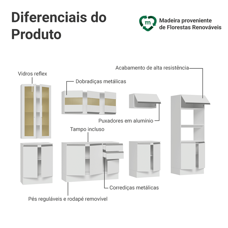 Armário de Cozinha Completa 100% MDF 310 cm Branco Smart Madesa 03
