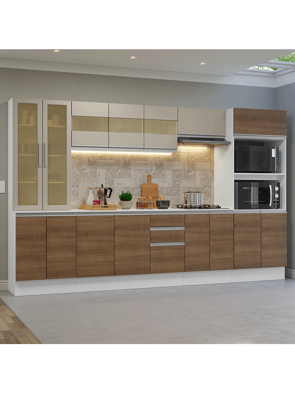 Armário de Cozinha Completa 100% MDF 310 cm Branco/Rustic/Crema Smart Madesa 03 - Branco/Rustic/Crema