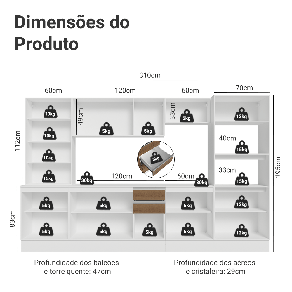 Armário de Cozinha Completa 100% MDF 310 cm Branco/Rustic/Crema Smart Madesa 03