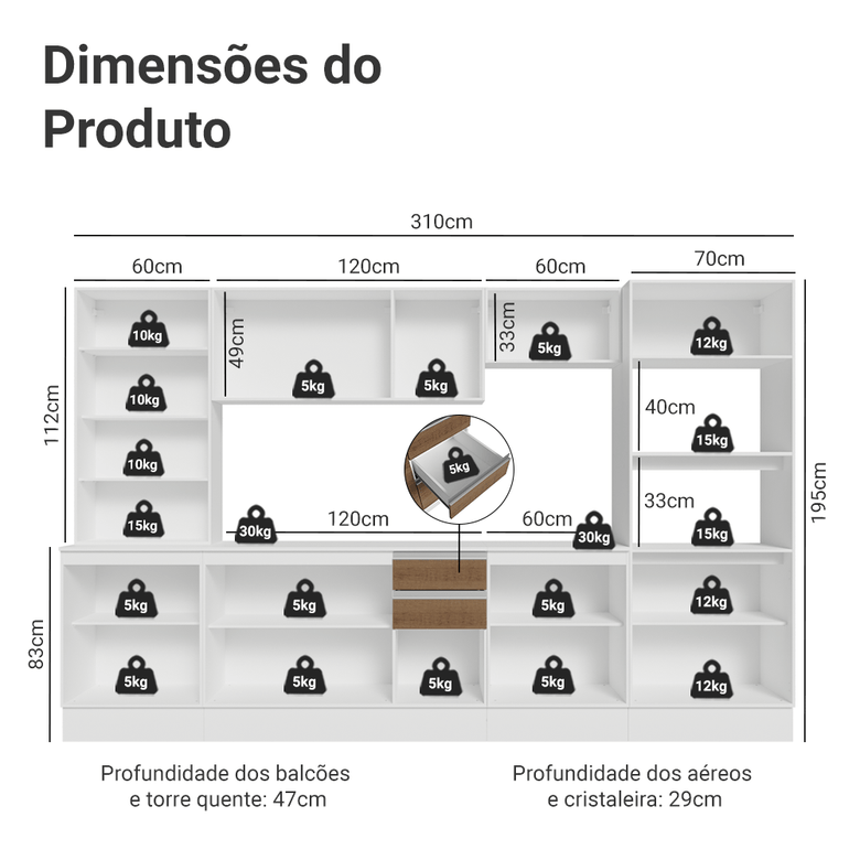 Armário de Cozinha Completa 100% MDF 310 cm Branco/Rustic/Crema Smart Madesa 03