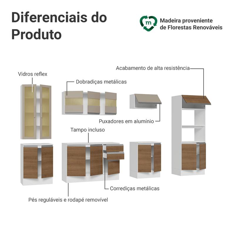 Armário de Cozinha Completa 100% MDF 310 cm Branco/Rustic/Crema Smart Madesa 03