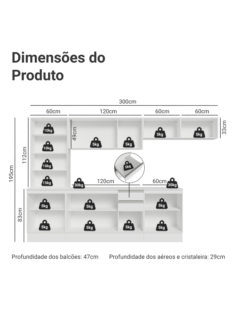 Armário de Cozinha Completa 100% MDF 300 cm Branco Smart Madesa 04