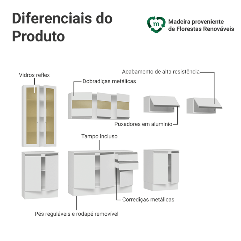 Armário de Cozinha Completa 100% MDF 300 cm Branco Smart Madesa 04