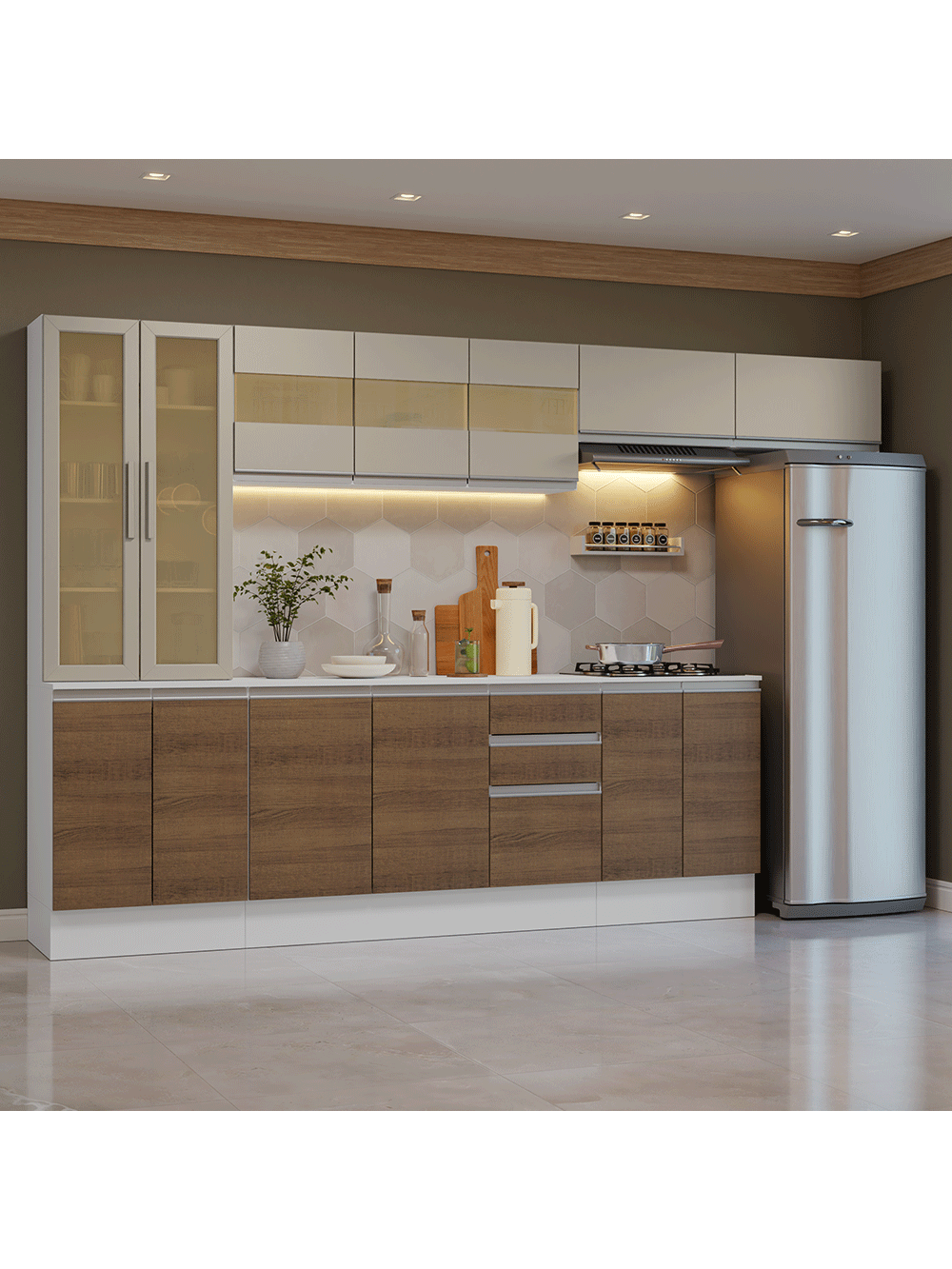 Armário de Cozinha Completa 100% MDF 300 cm Branco/Rustic/Crema Smart Madesa 04 - Branco/Rustic/Crema