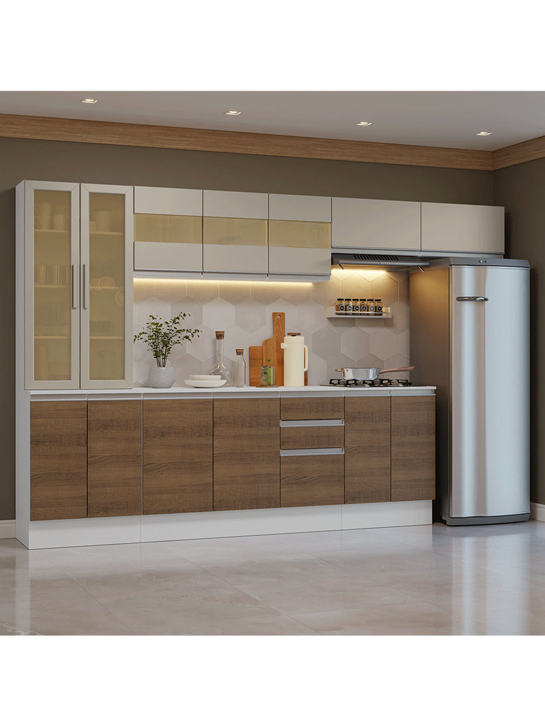 Armário de Cozinha Completa 100% MDF 300 cm Branco/Rustic/Crema Smart Madesa 04