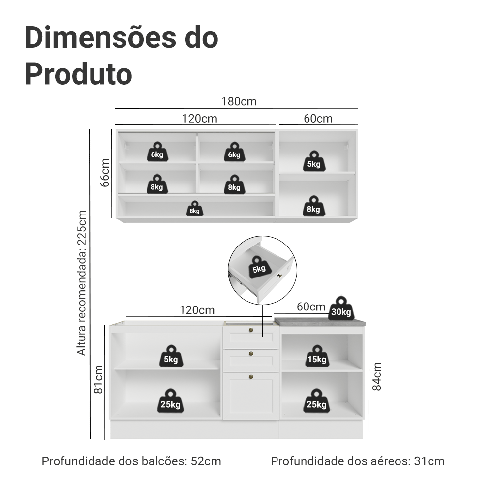 Armário de Cozinha Compacta 180 cm Branco Vik Madesa 03