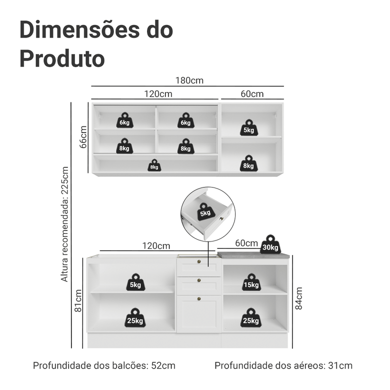 Armário de Cozinha Compacta 180 cm Branco Vik Madesa 03