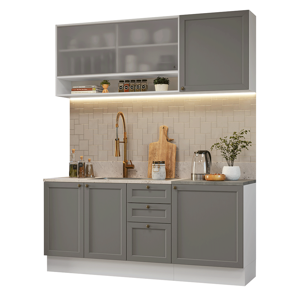 Armário de Cozinha Compacta 180 cm Branco/Cinza Vik Madesa 03 - Branco/Cinza