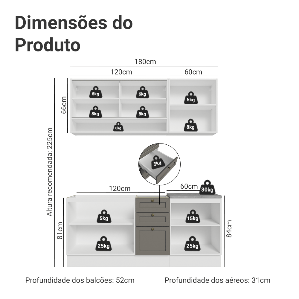 Armário de Cozinha Compacta 180 cm Branco/Cinza Vik Madesa 03