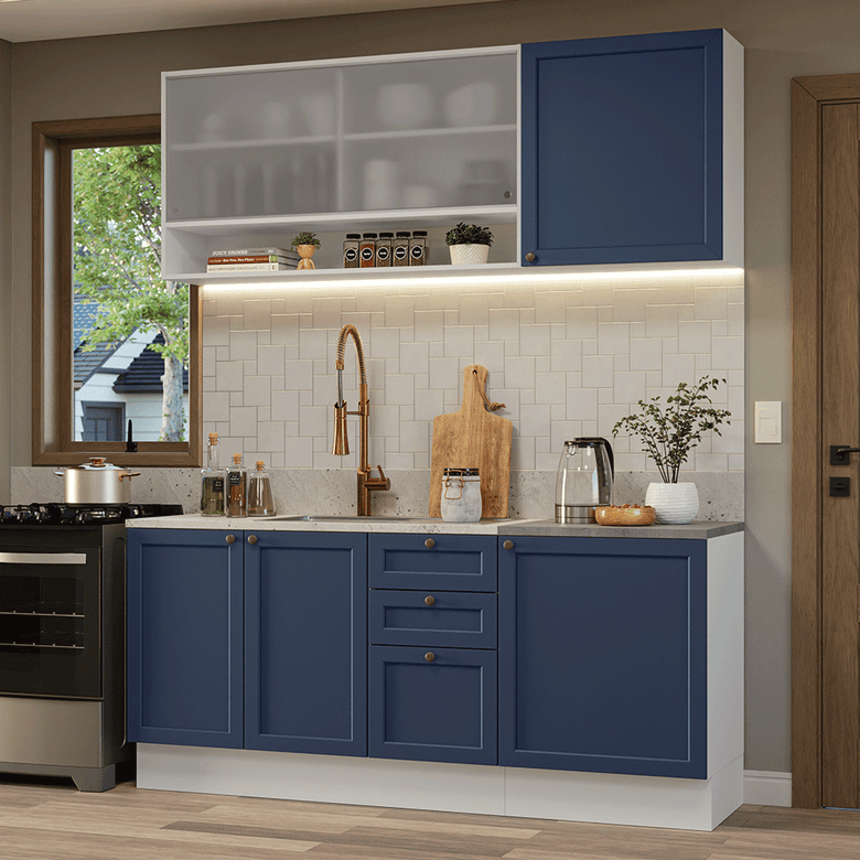 Armário de Cozinha Compacta 180 cm Branco/Azul Vik Madesa 03
