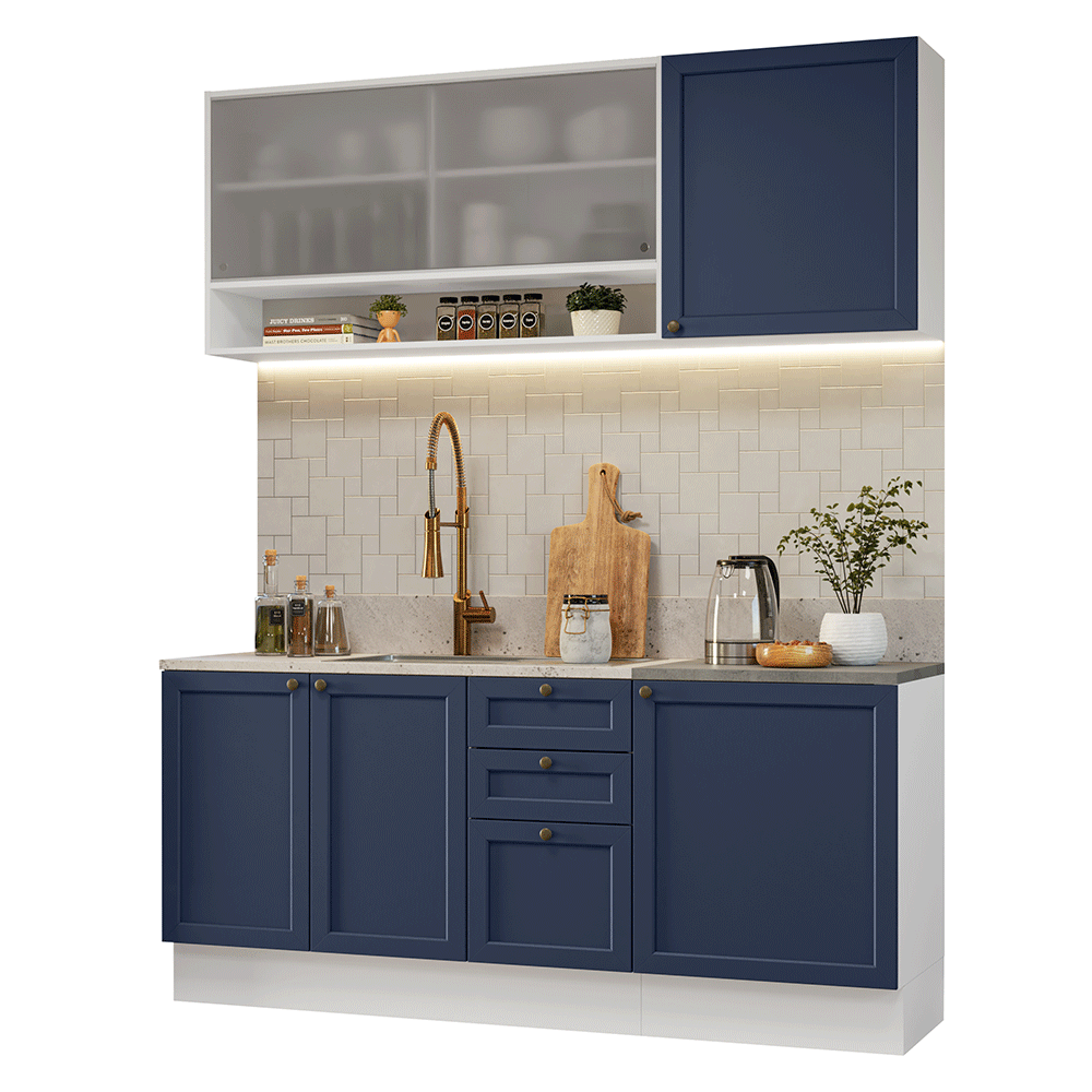 Armário de Cozinha Compacta 180 cm Branco/Azul Vik Madesa 03 - Branco/Azul