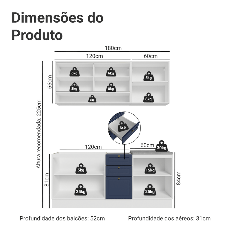 Armário de Cozinha Compacta 180 cm Branco/Azul Vik Madesa 03