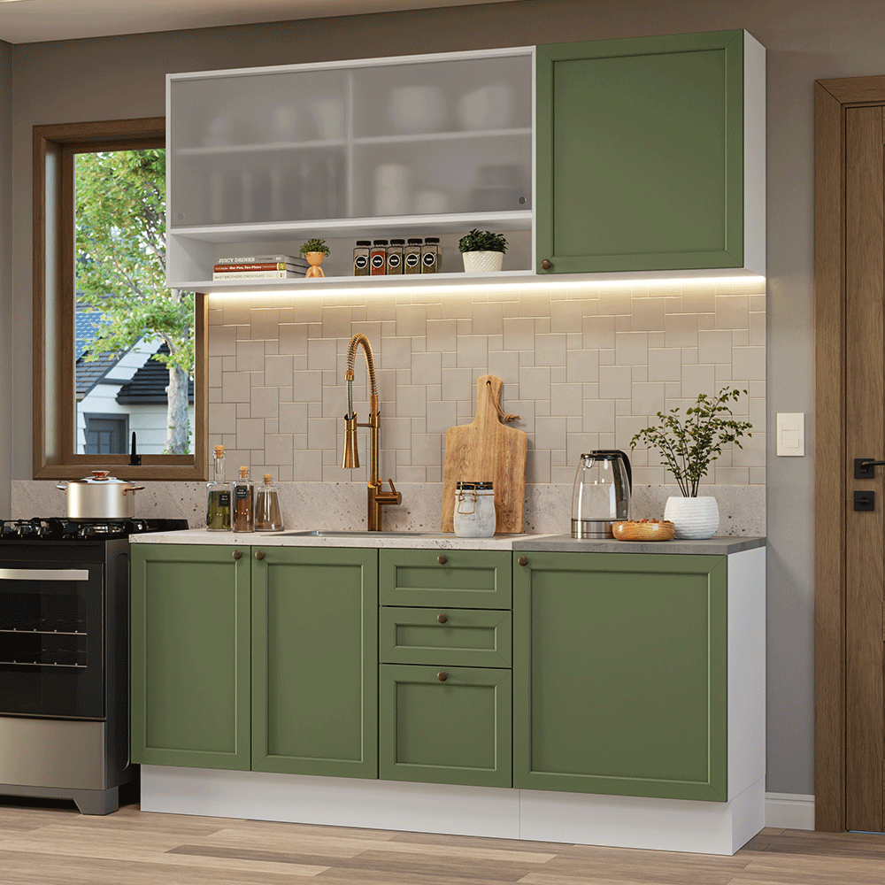 Armário de Cozinha Compacta 180 cm Branco/Verde Vik Madesa 03 - Branco/Verde