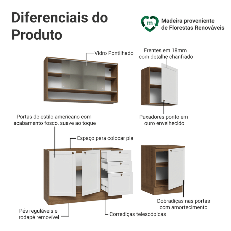 Armário de Cozinha Compacta 180 cm Rustic/Branco Vik Madesa 03