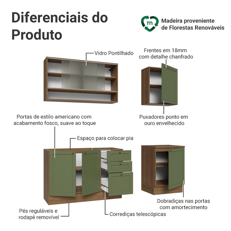 Armário de Cozinha Compacta 180 cm Rustic/Verde Vik Madesa 03