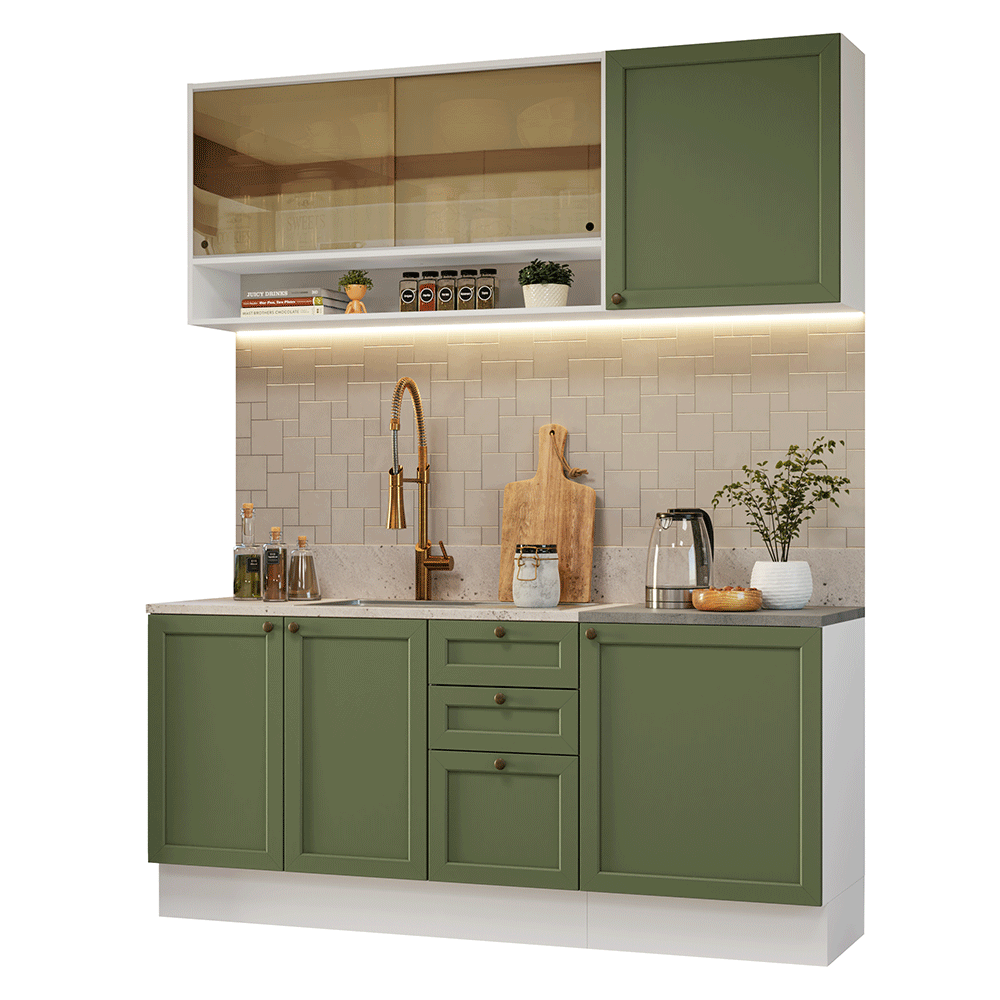 Armário de Cozinha Compacta 180 cm Branco/Verde Vik Madesa 04 - Branco/Verde