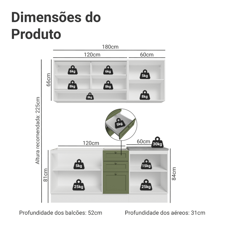 Armário de Cozinha Compacta 180 cm Branco/Verde Vik Madesa 04
