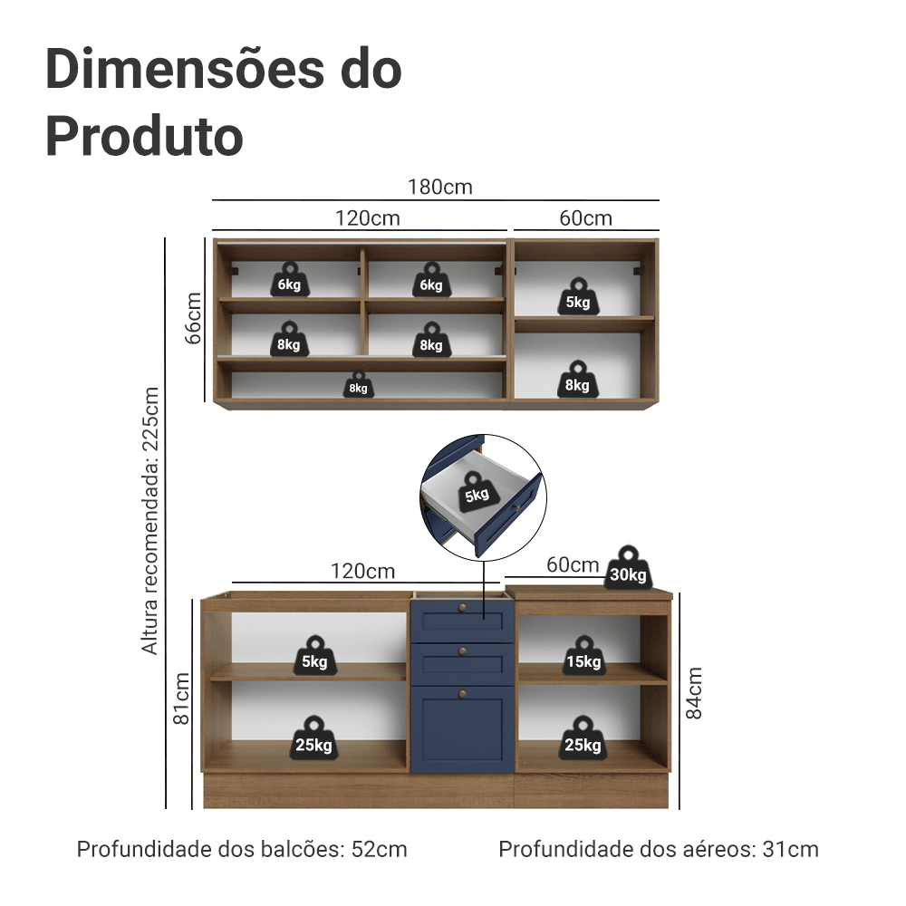 Armário de Cozinha Compacta 180 cm Rustic/Azul Vik Madesa 04