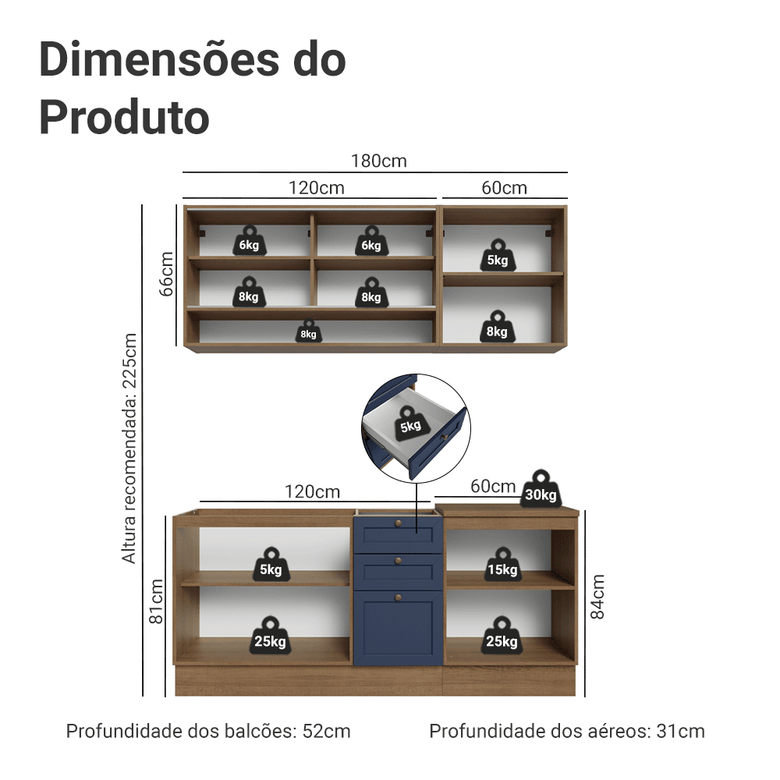 Armário de Cozinha Compacta 180 cm Rustic/Azul Vik Madesa 04