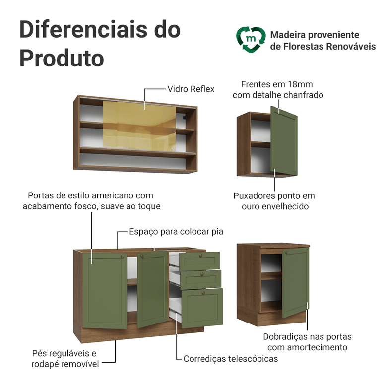 Armário de Cozinha Compacta 180 cm Rustic/Verde Vik Madesa 04