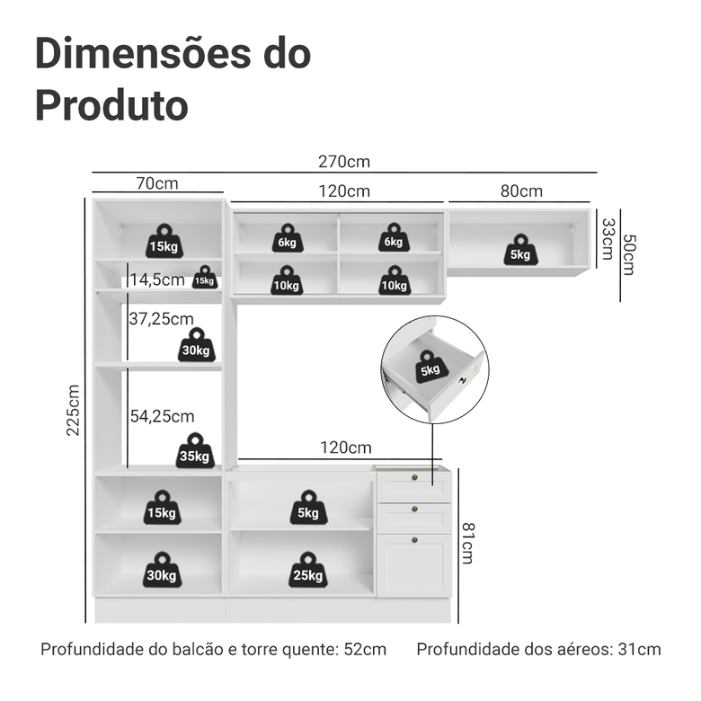 Armário de Cozinha Completa 270 cm Branco Vik Madesa 03
