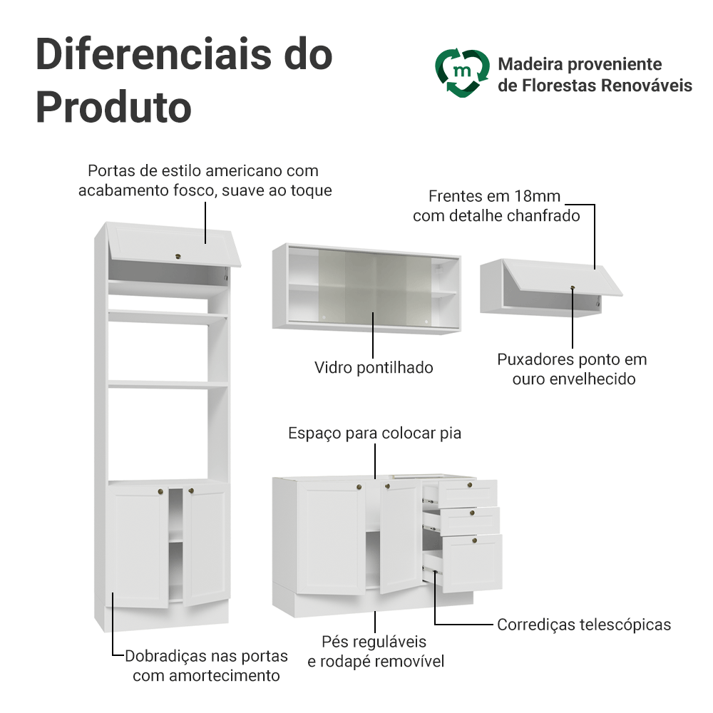 Armário de Cozinha Completa 270 cm Branco Vik Madesa 03
