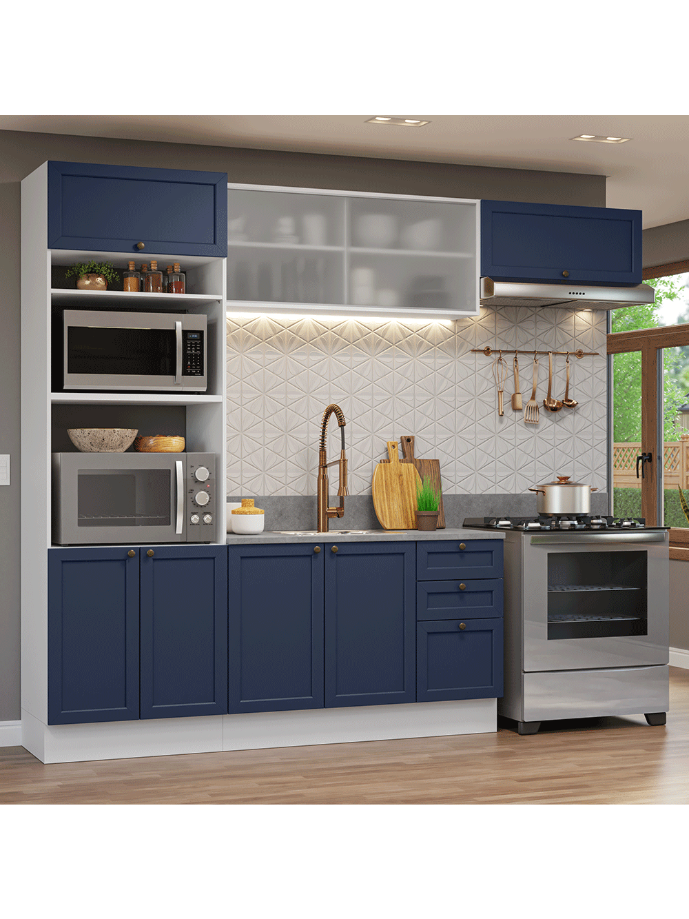 Armário de Cozinha Completa 270 cm Branco/Azul Vik Madesa 03 - Branco/Azul