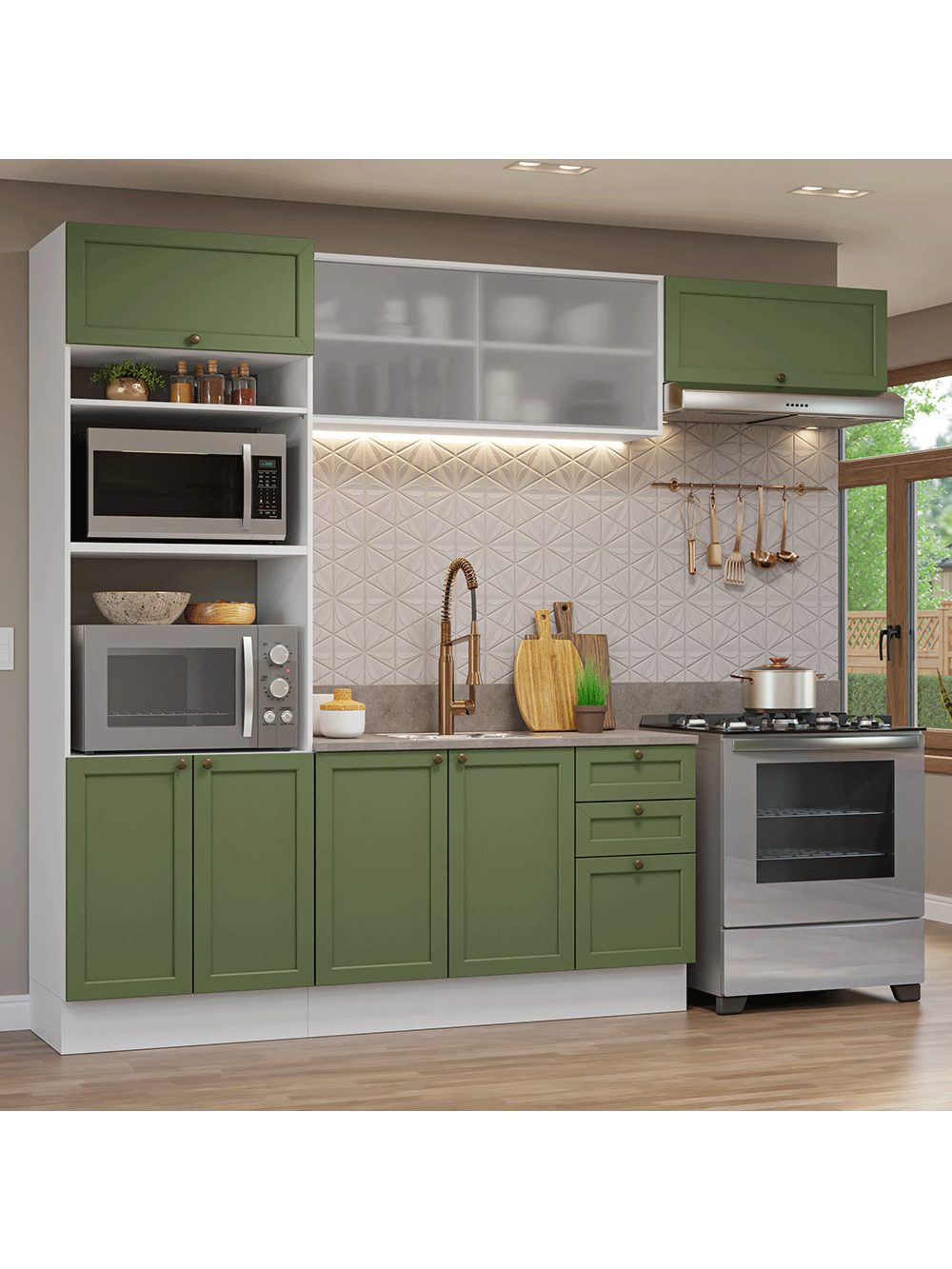 Armário de Cozinha Completa 270 cm Branco/Verde Vik Madesa 03 - Branco/Verde