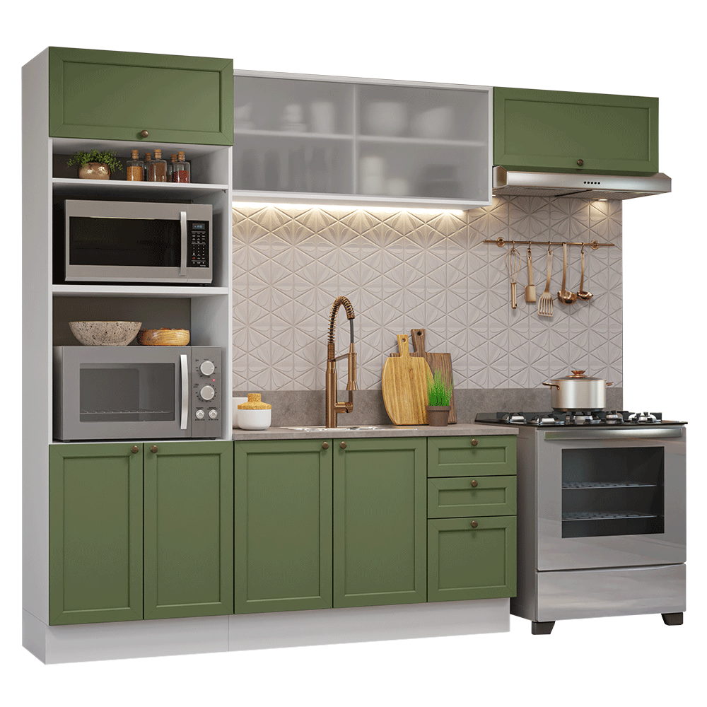 Armário de Cozinha Completa 270 cm Branco/Verde Vik Madesa 03 - Branco/Verde