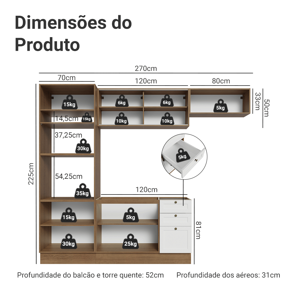Armário de Cozinha Completa 270 cm Rustic/Branco Vik Madesa 03