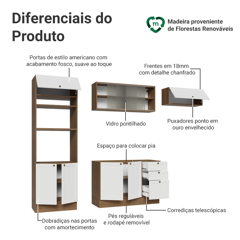 Armário de Cozinha Completa 270 cm Rustic/Branco Vik Madesa 03