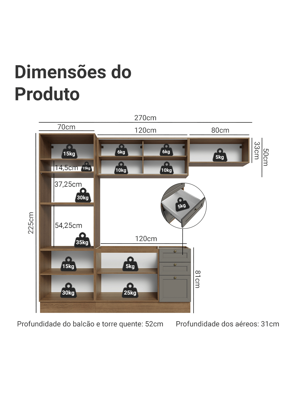 Armário de Cozinha Completa 270 cm Rustic/Cinza Vik Madesa 03