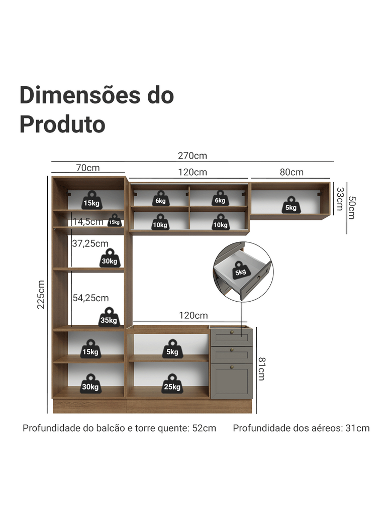 Armário de Cozinha Completa 270 cm Rustic/Cinza Vik Madesa 03