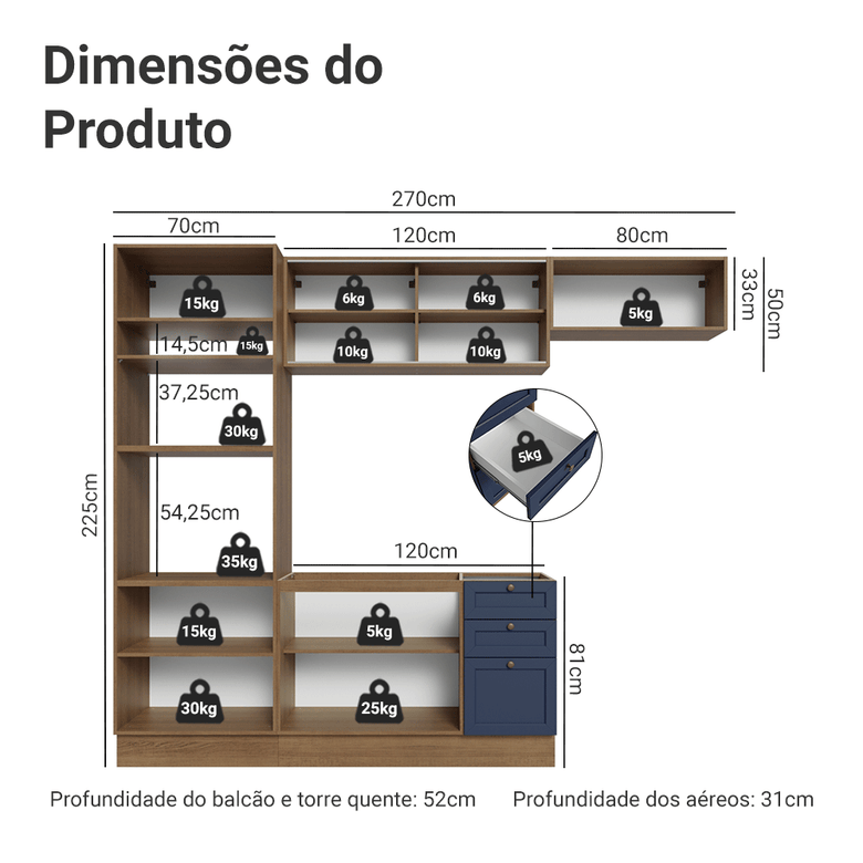 Armário de Cozinha Completa 270 cm Rustic/Azul Vik Madesa 03