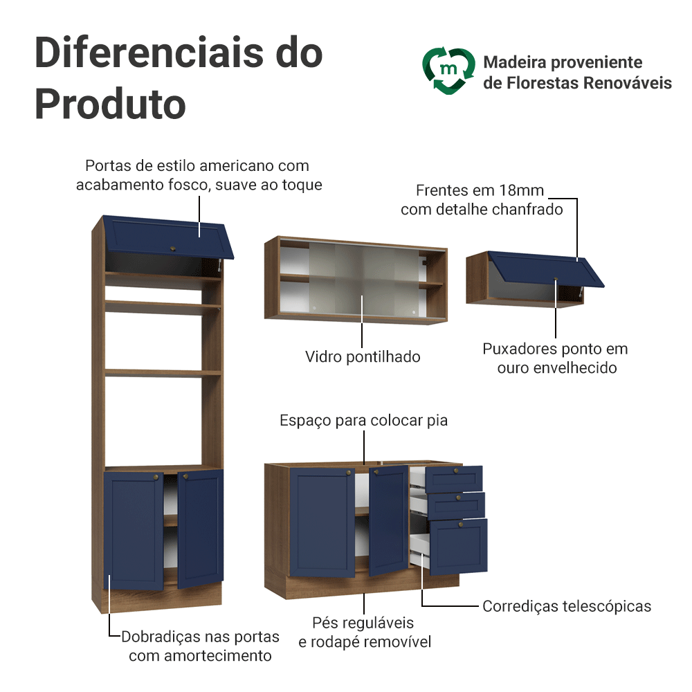 Armário de Cozinha Completa 270 cm Rustic/Azul Vik Madesa 03