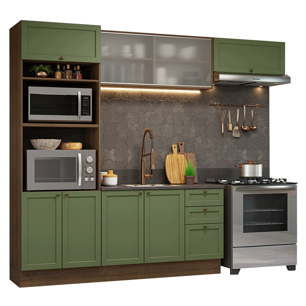 Armário de Cozinha Completa 270 cm Rustic/Verde Vik Madesa 03 - Rustic/Verde