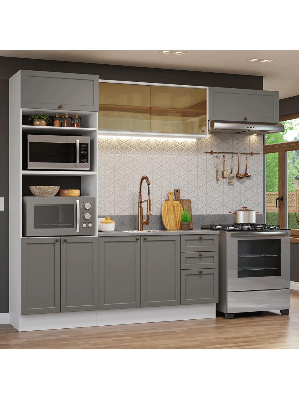 Armário de Cozinha Completa 270 cm Branco/Cinza Vik Madesa 04 - Branco/Cinza